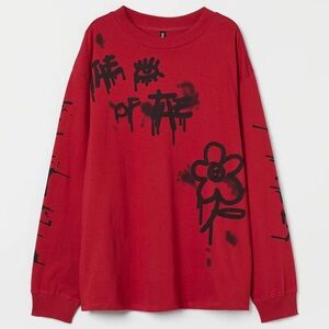 H&M Red Long Sleeve Tee with Black Graphics